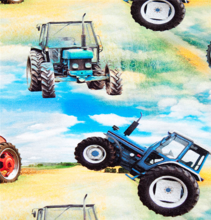 Jersey farverigt print af traktorer - Stofgiganten.dk